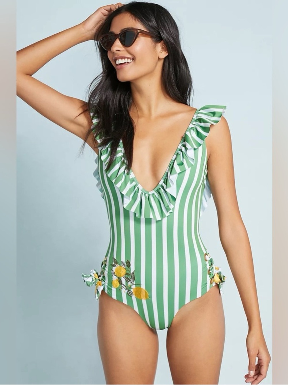 Palmacea Limon One Piece Swimsuit Green Stripe Lemon Embroidered Ruffle M
